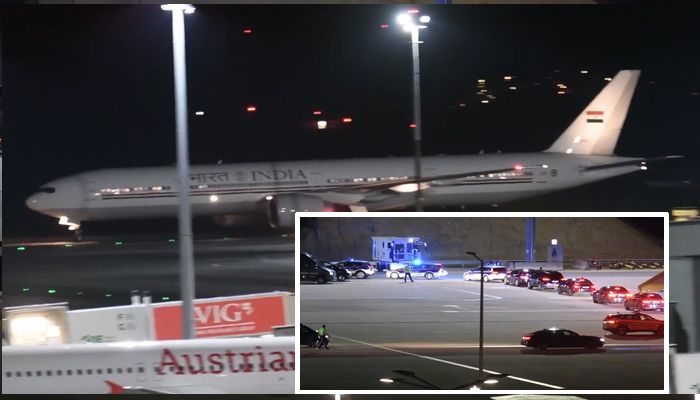 Hier landet die indische Riesen-Boeing in Wien. Im Vordergrund: Der Konvoi für Murmu, die Präsidentin Indiens