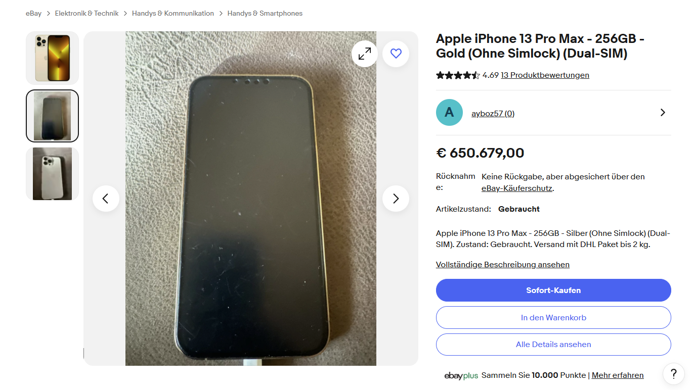 650.679,00 Euro verlangt ein User für dieses Apple iPhone 13 Pro Max