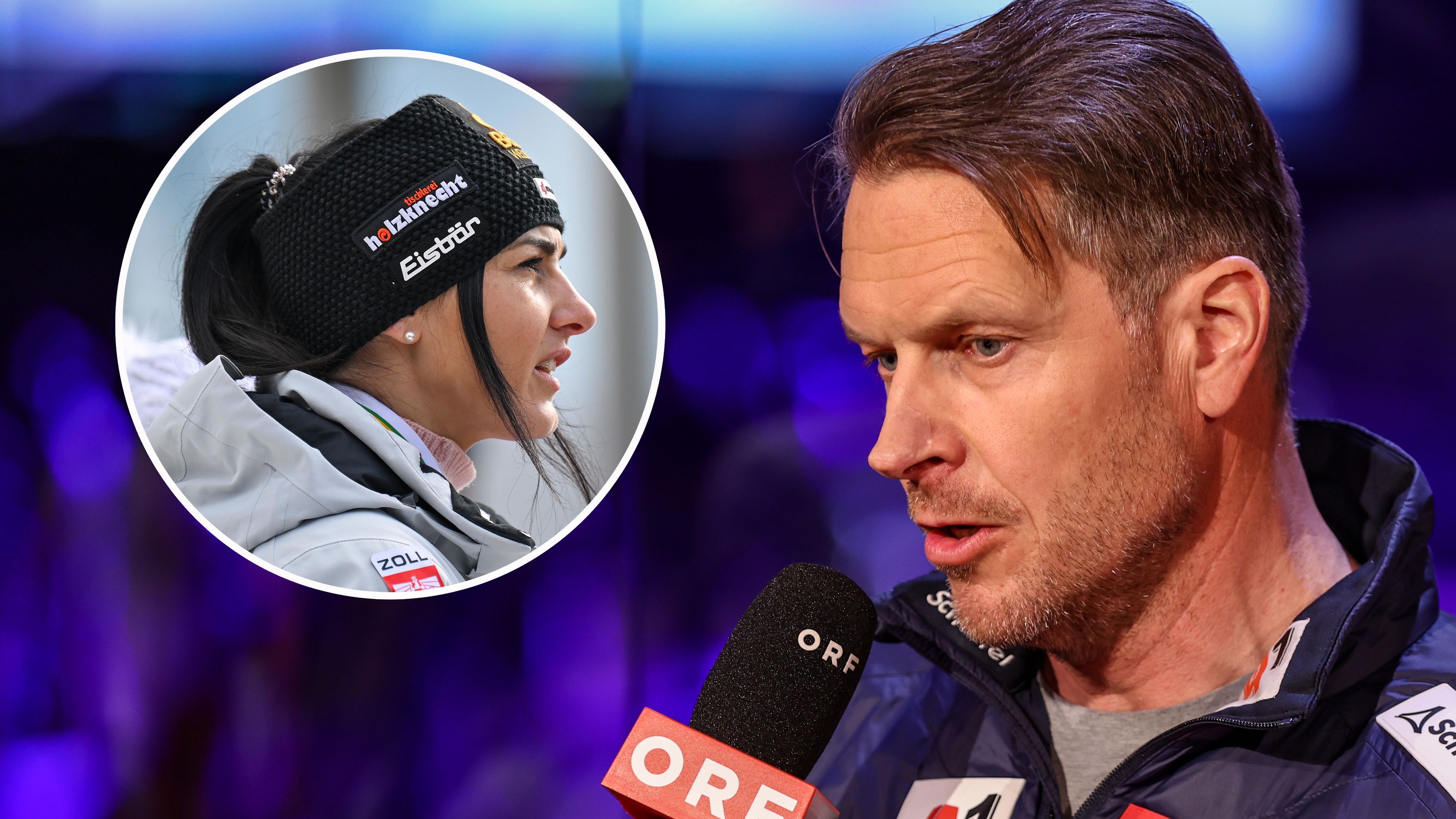 Damen-Cheftrainer Roland Assinger, Weltmeisterin Stephanie Venier (l.).