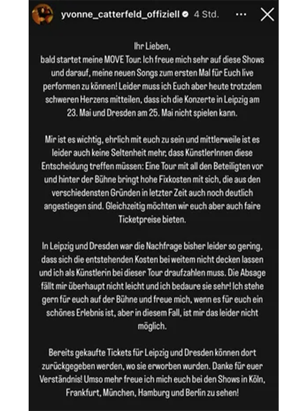 Yvonne Catterfeld hat am Donnerstagnachmittag via Instagram ihre Konzerte in Leipzig und Dresden abgesagt.