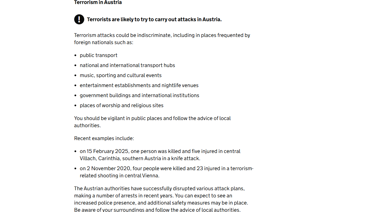 Das britische Außenministerium warnt vor Terrorgefahr in Österreich.