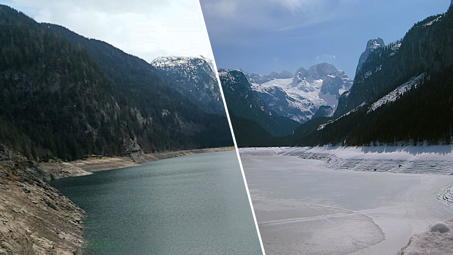 Niedriger Wasserstand und von Schnee keine Spur: Aktuell lädt der Gosausee fast zum Baden ein – zur selben Zeit vor 13 Jahren war er noch zugefroren.