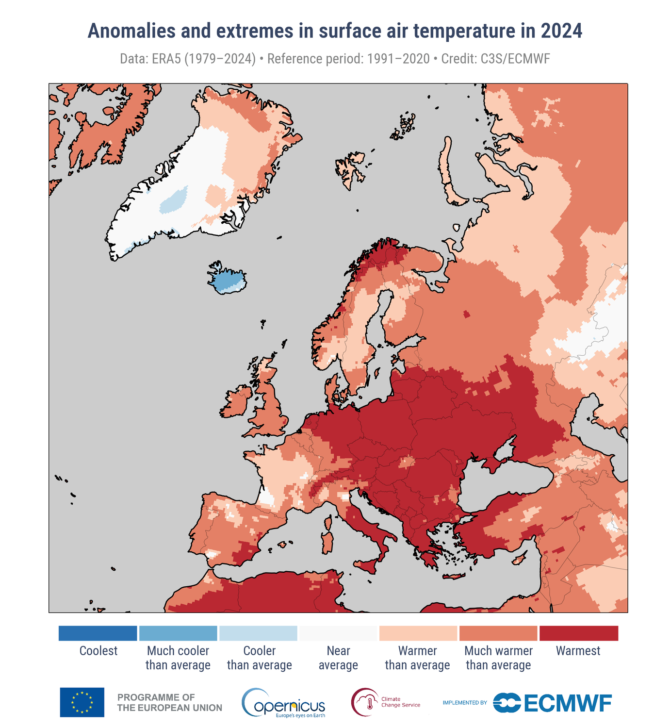 Temperatur-Anomalien 2024: Je tiefer das Rot, desto stärker die Hitze-Abweichung vom langjährigen Durchschnitt.