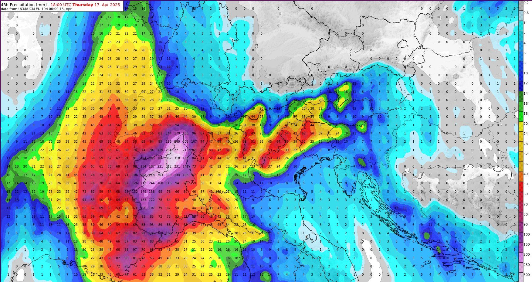 48-Stunden-Niederschlagsprognose bis Donnerstag, 17. April 2025