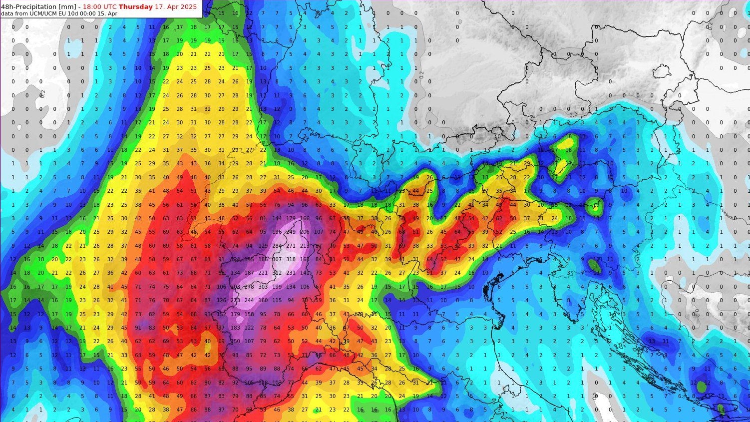 48-Stunden-Niederschlagsprognose bis Donnerstag, 17. April 2025