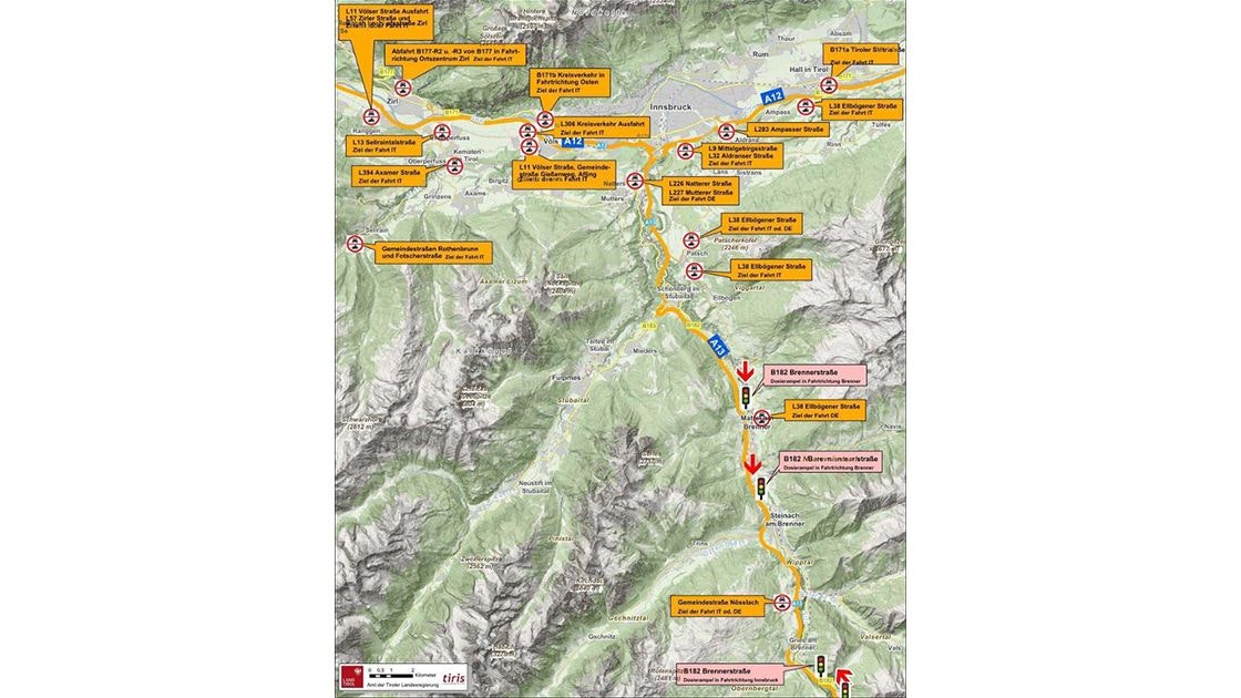 Fahrverbote im Sommer 2025: Übersichtskarte Großraum Innsbruck/Wipptal. 