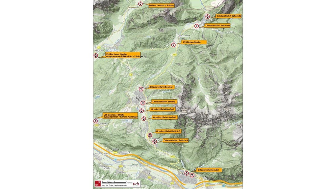 Fahrverbote im Sommer 2025: Übersichtskarte Bereich Seefelder Plateau.