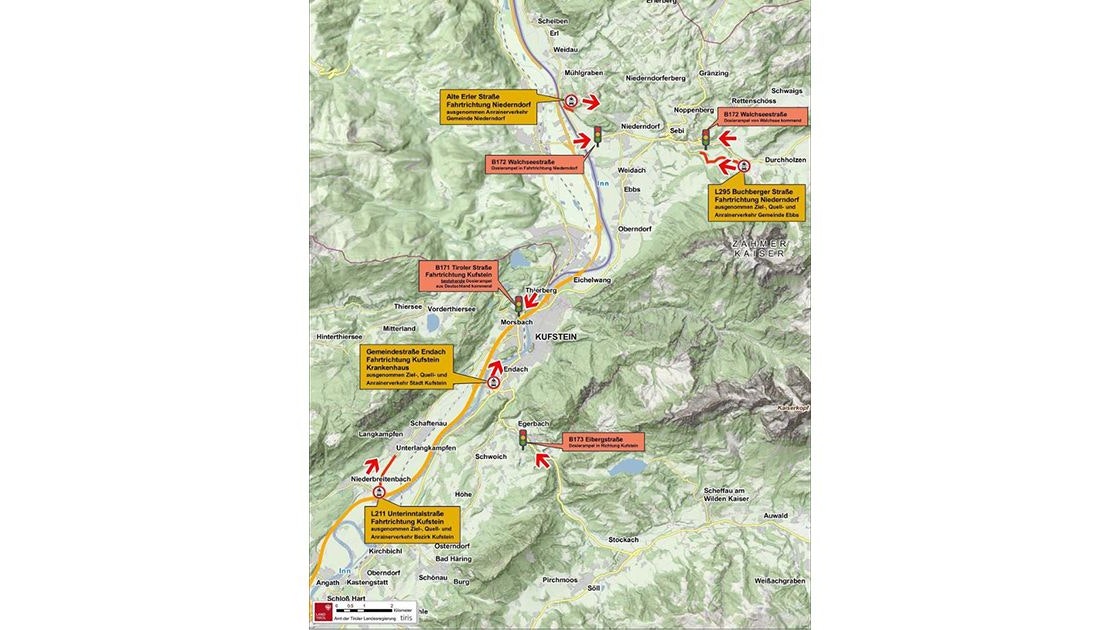 Fahrverbote im Sommer 2025: Übersichtskarte Raum Kufstein. 