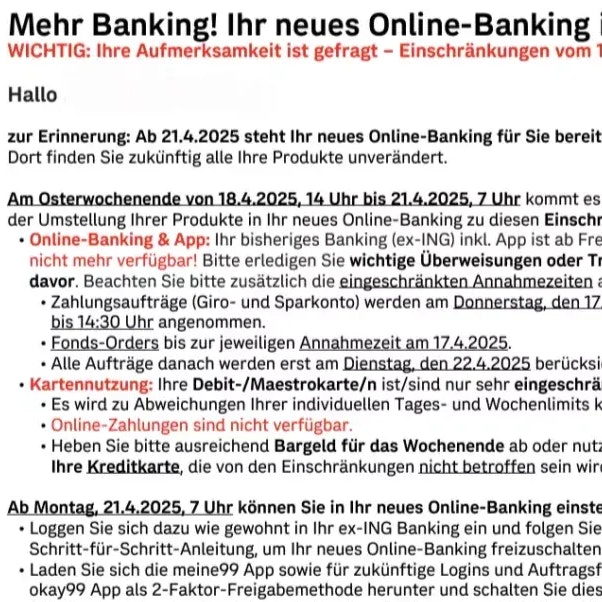 Das Schreiben der Bank99 an die Kunden