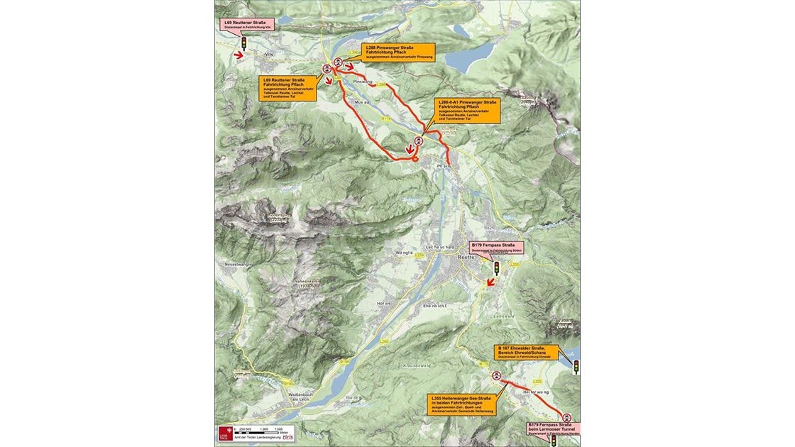 Fahrverbote im Sommer 2025: Übersichtskarte Bezirk Reutte. 