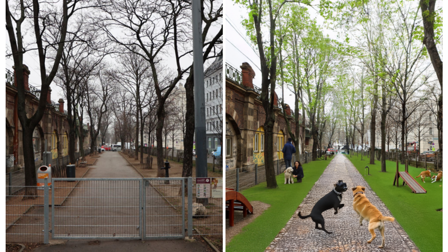 Links: Die aktuelle Hundezone am Hernalser Gürtel. Rechts: So stellt sich die FPÖ die Zukunft vor – mit Spielgeräten, Tunneln und Trainingsflächen. Der Antrag wurde im Bezirk angenommen, nur die ÖVP stimmte dagegen.