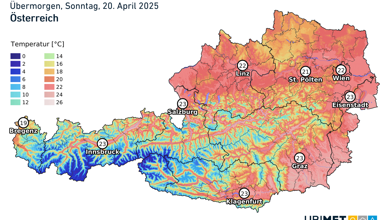 Die Höchsttemperaturen am Ostersonntag.