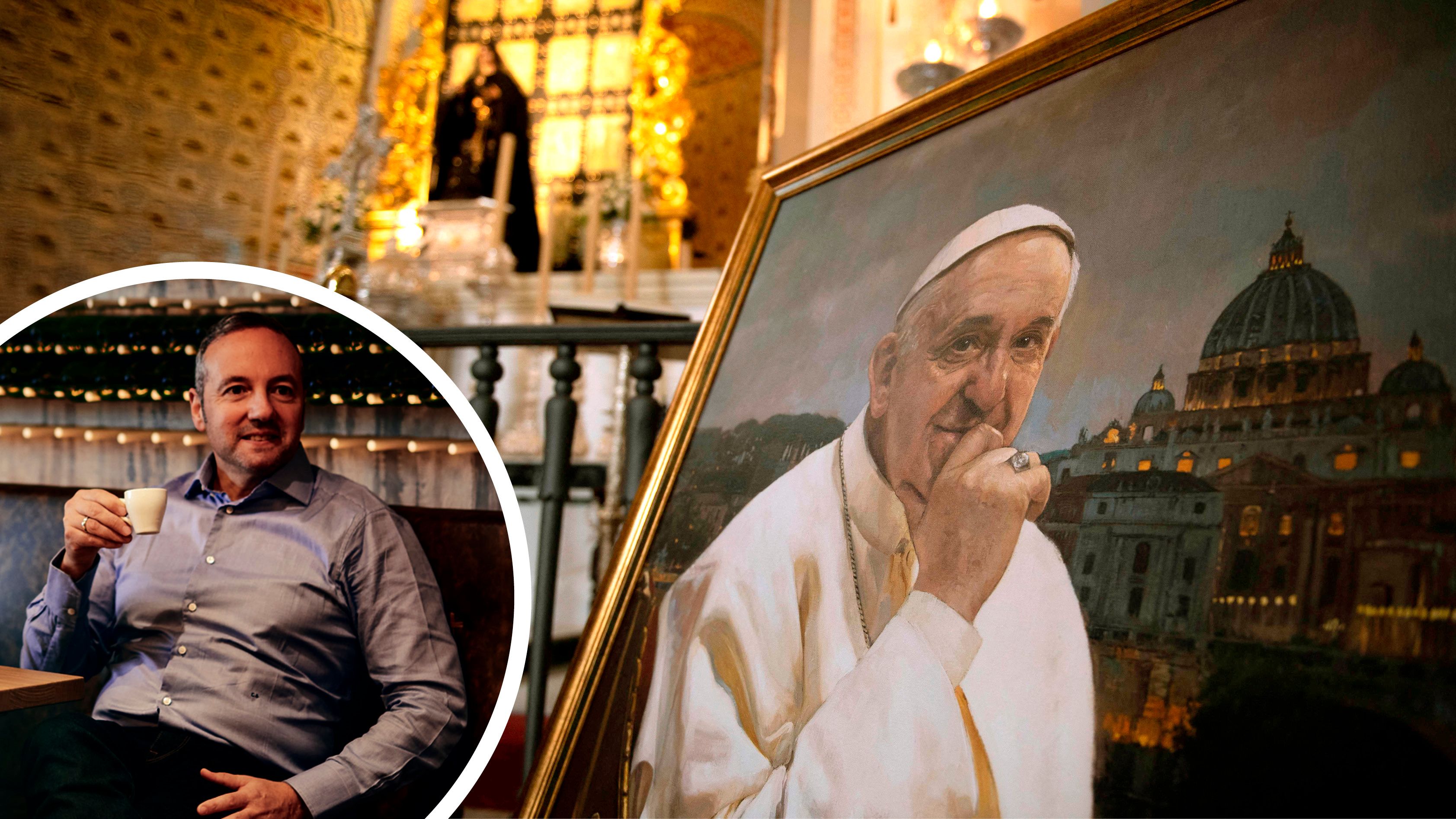 Gastronom Surace trauert um das Kirchenoberhaupt. Im Bild: Ein Gemälde zeigt Papst Franziskus.