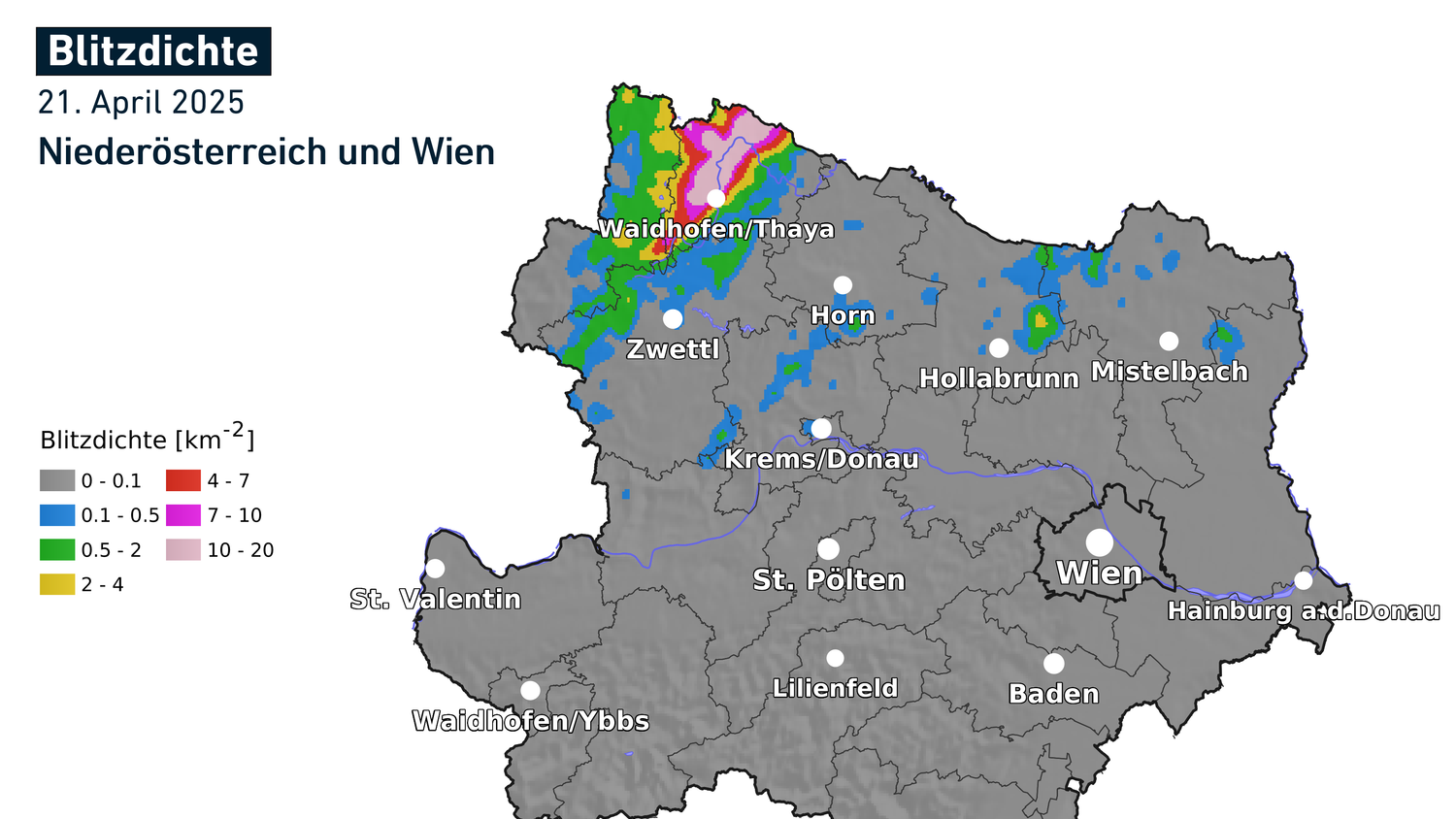 Blitzdichte in Niederösterreich am 21. April