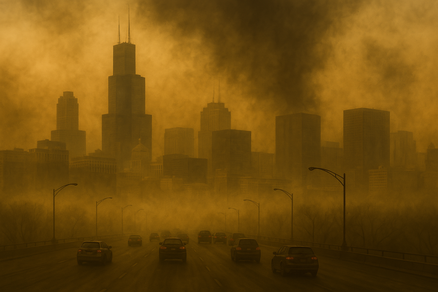 For heaven's sake! Was ist bloß in Chicago los? Bild: So stellt sich die KI die Giftwolke über der Millionenstadt vor.