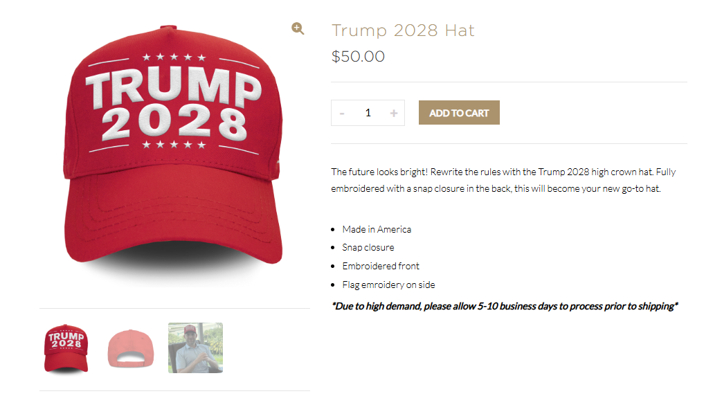 Der offizielle Fanshop von US-Präsident Donald Trump verkauft bereits Wahlkampf-Kappen und Shirts für 2028.