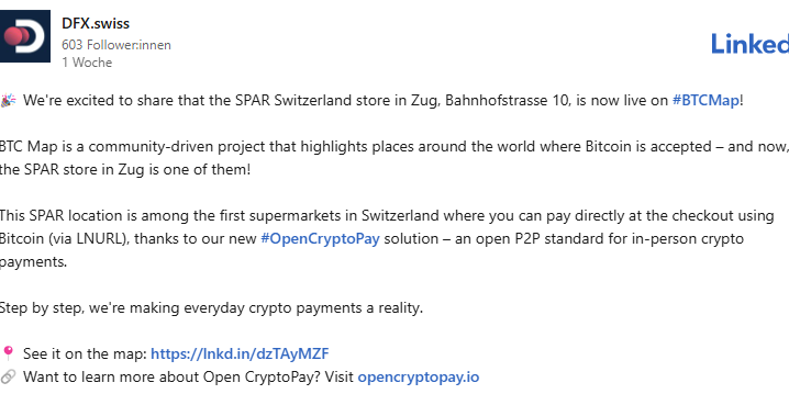 Der Spar an der Bahnhofstrasse in Zug akzeptiert neu testweise Bitcoin.