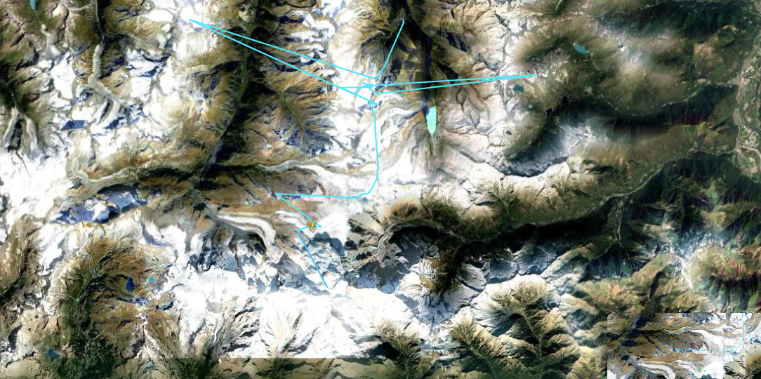 Die Route des Fliegers über dem Monte-Rosa-Massiv. Die öffentlich einsehbare Flugdatenaufzeichnung ist lückenhaft
