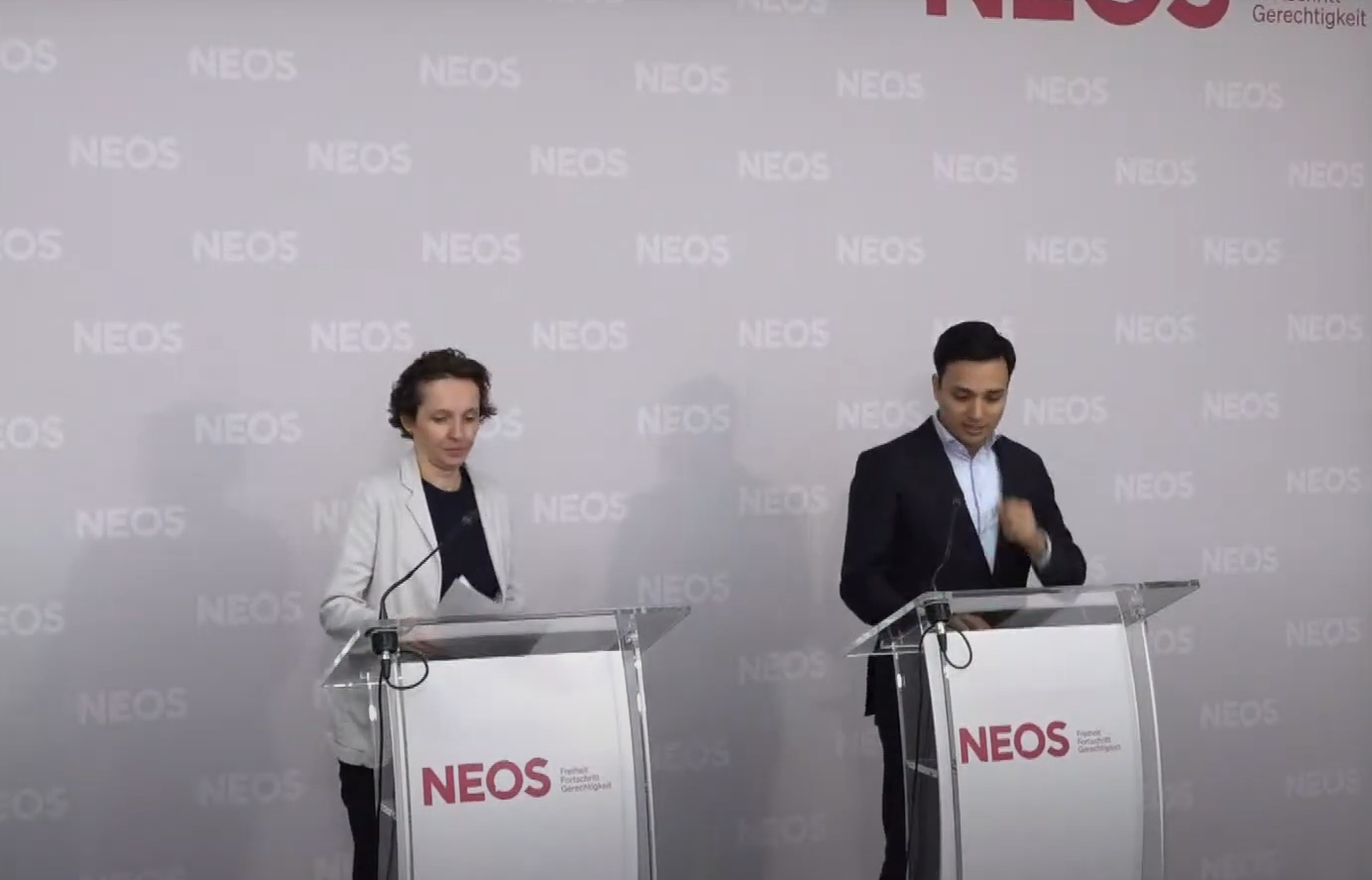 Die Neos wollen jetzt in eine Bildungsoffensive starten (Bildungssprecherin Künsberg Sarre und Klubchef Shetty).