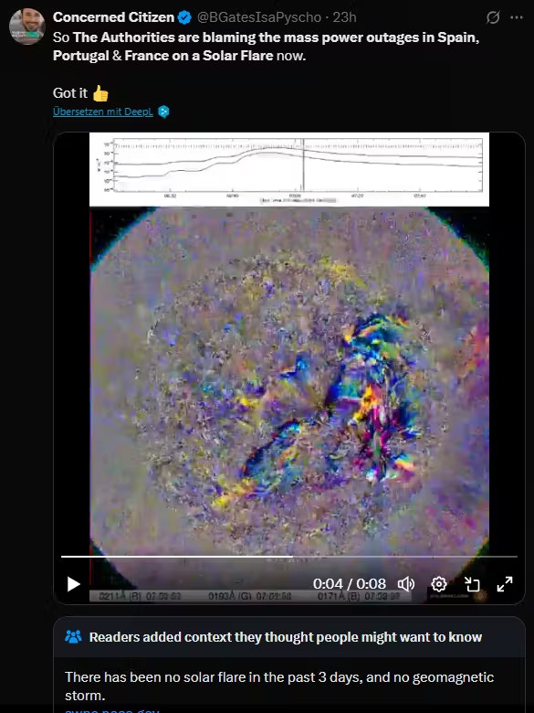 Der Tweet mit der Sonnensturm-Theorie wurde fast zwei Millionen Mal aufgerufen – mittlerweile weist eine Community Note darauf hin, dass in diesem Zeitraum keine Sonnenstürme beobachtet wurden.
