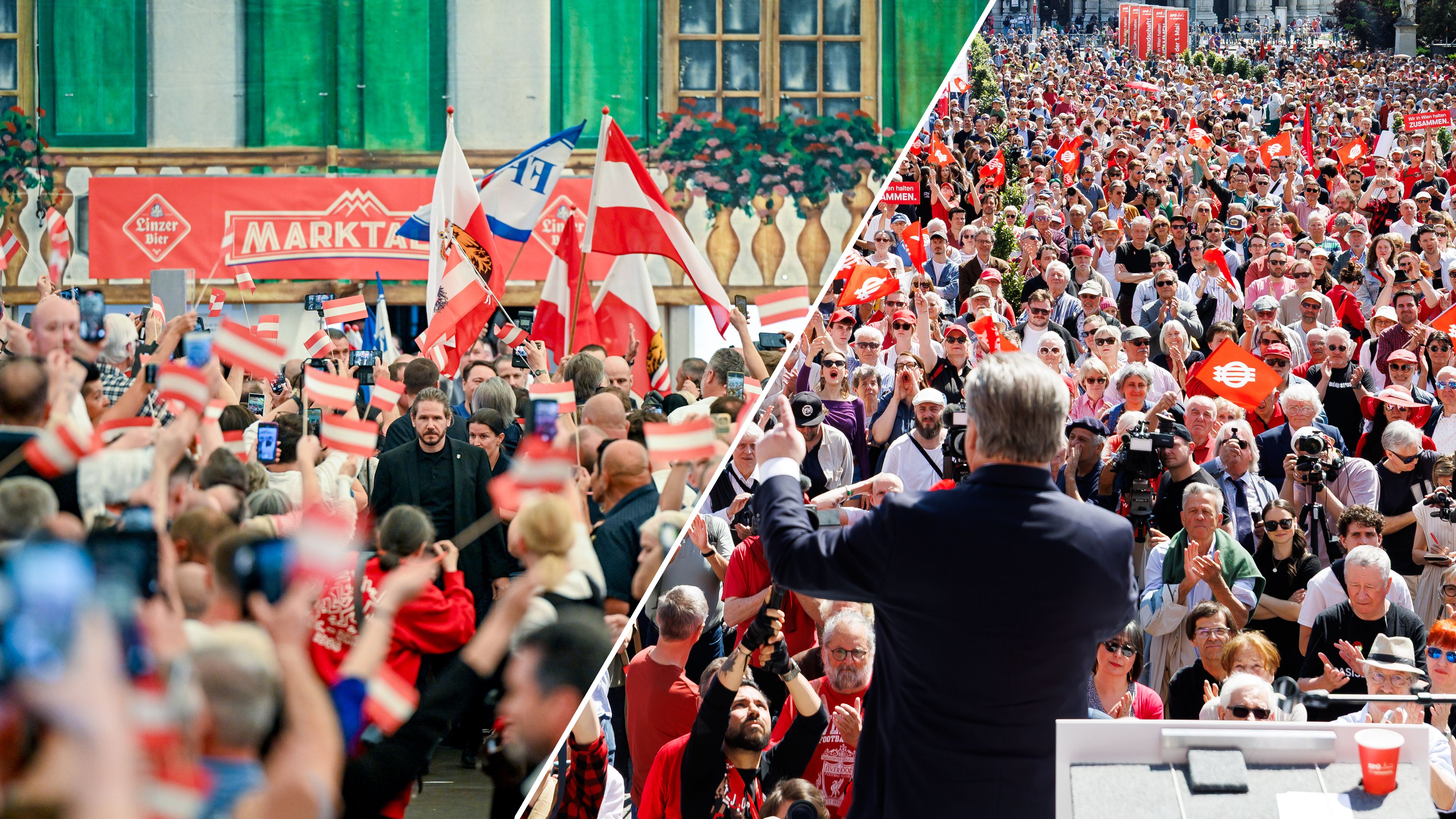Im Vergleich: Die FPÖ-Kundgebung in Linz (links) und der SPÖ-Aufmarsch in Wien (rechts).