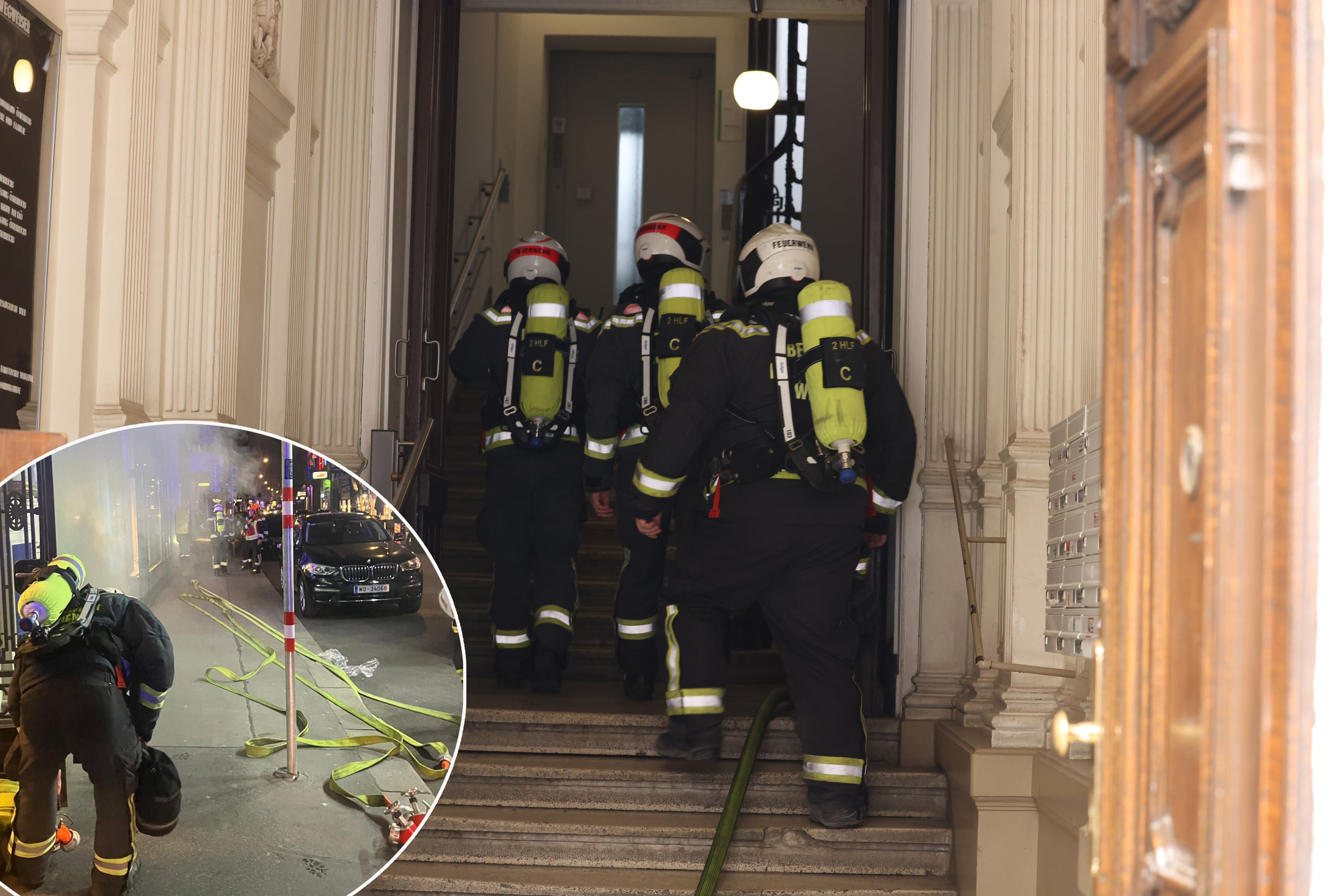 Feuerwehrkräfte rücken in das Zinshaus in der Spiegelgasse ein – im Keller des Gebäudes wurde ein toter Mann mit Stichverletzung entdeckt.