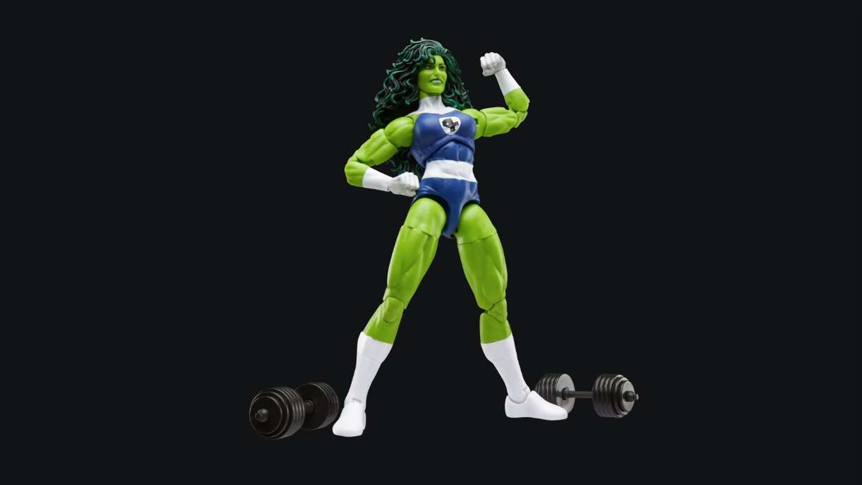 Marvel Legends Series She-Hulk im Retro-Karton-Design trägt ihr Fantastic Four-Kostüm.