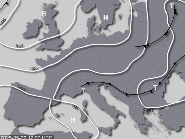 Bodendruck- und Frontenkarte für Mittwoch, 07. Mai 2025