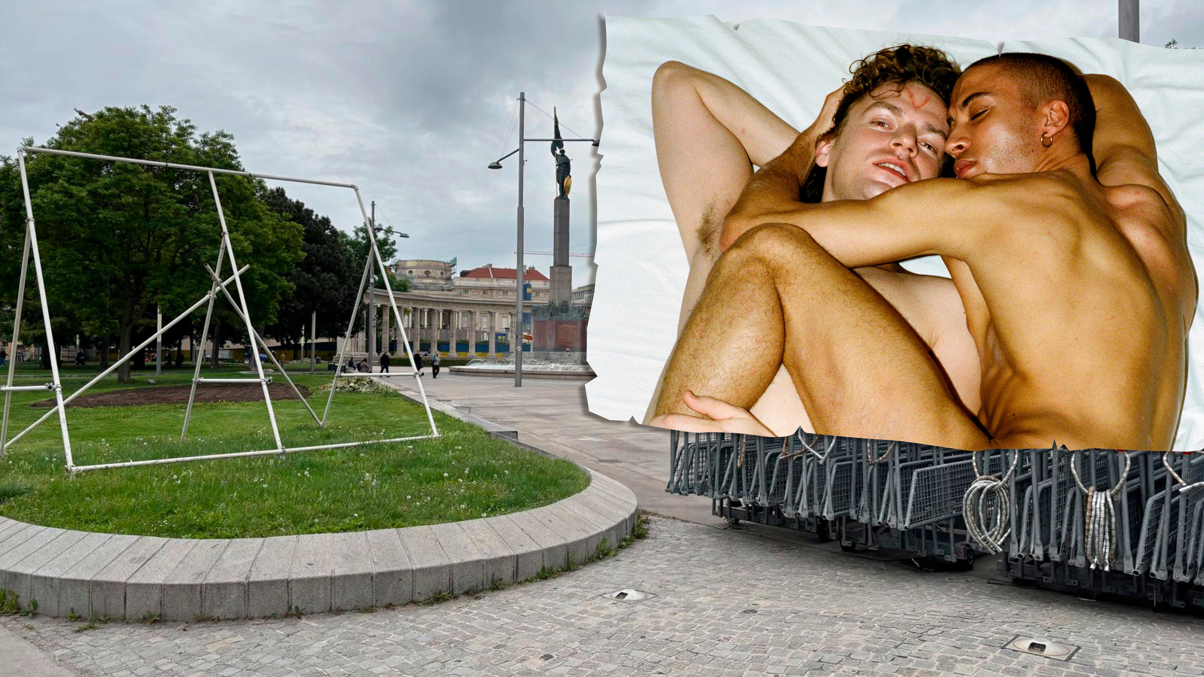 Das Plakat der Wiener Festwochen zeigt zwei kuschelnde Männer. Am Schwarzenbergplatz kam es zu einem Vandalenakt.