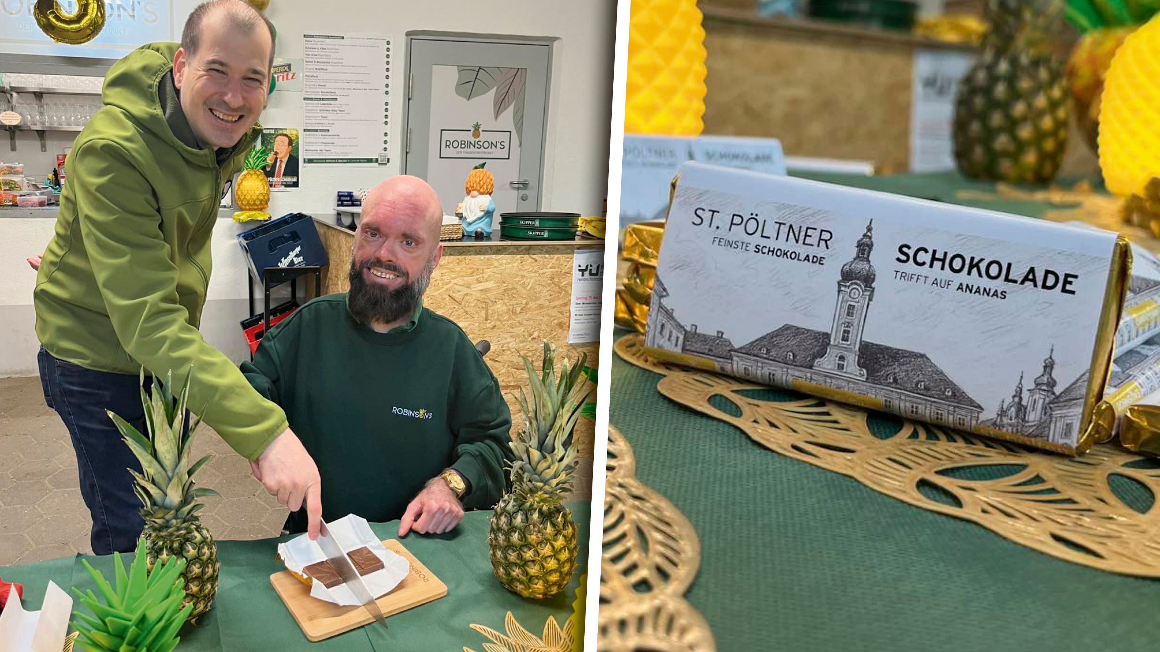 Konditor René Käferböck (l.) und Grafiker-Influencer Ricardo Zanot (r.) bei ihrem Produktlaunch am 5. Mai 2025.