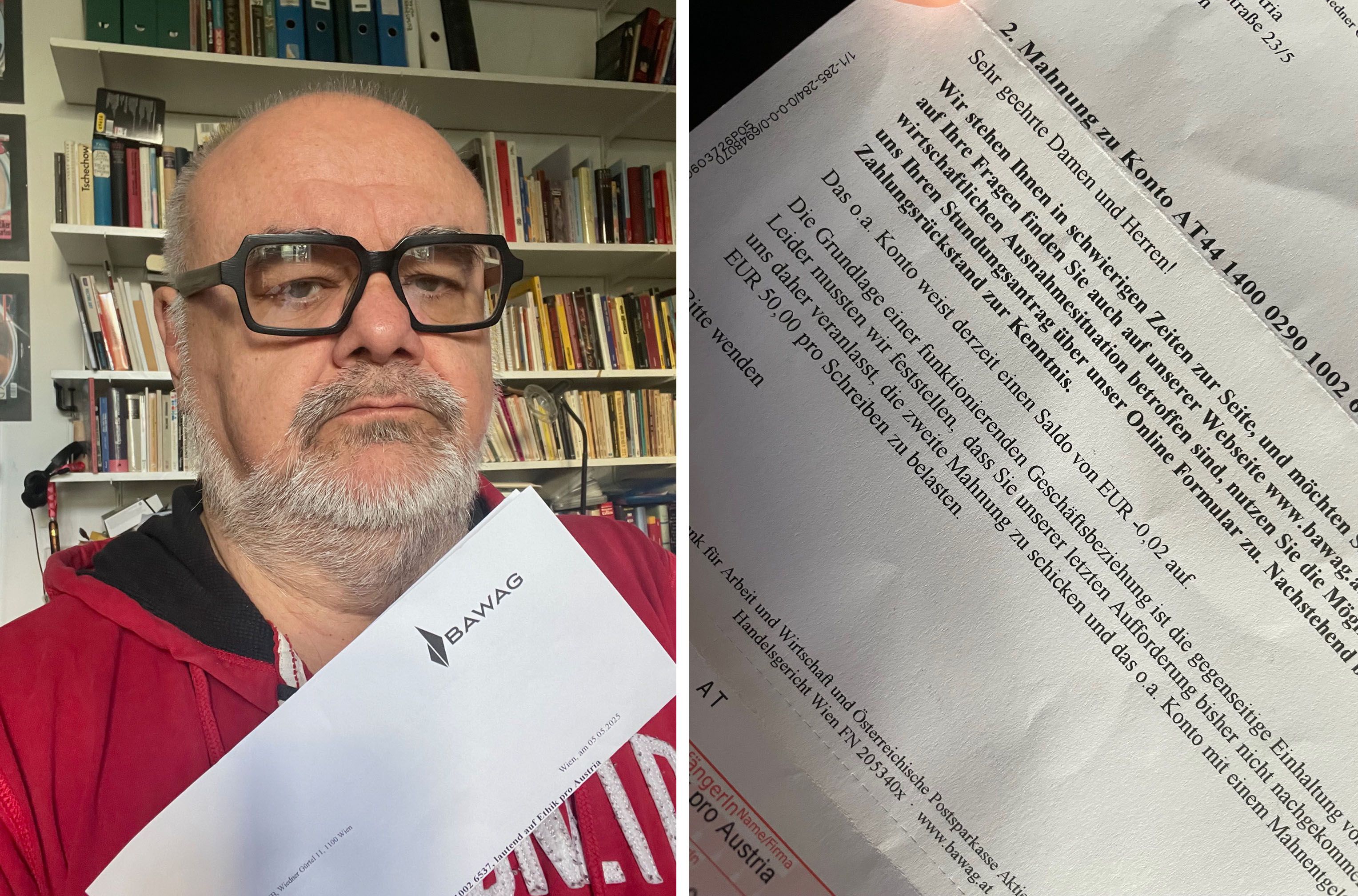 Vereinspräsident Alois Gmeiner mit dem BAWAG-Mahnschreiben – wegen 0,02 Euro Minus drohten 50 Euro Gebühren.