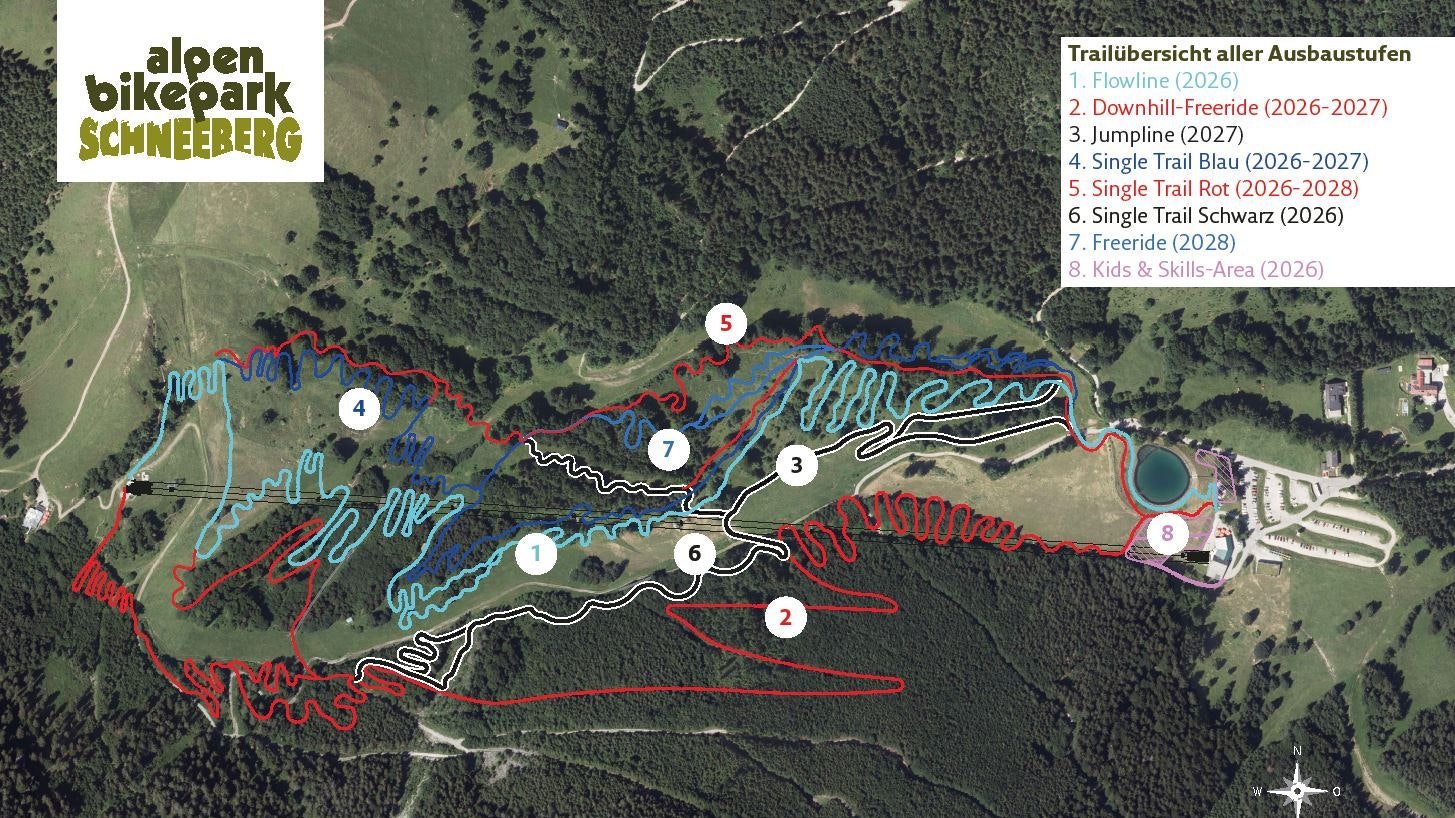 In drei Ausbaustufen werden bis 2028 sieben Trails und Lines für den Alpen Bikepark Schneeberg gebaut. 