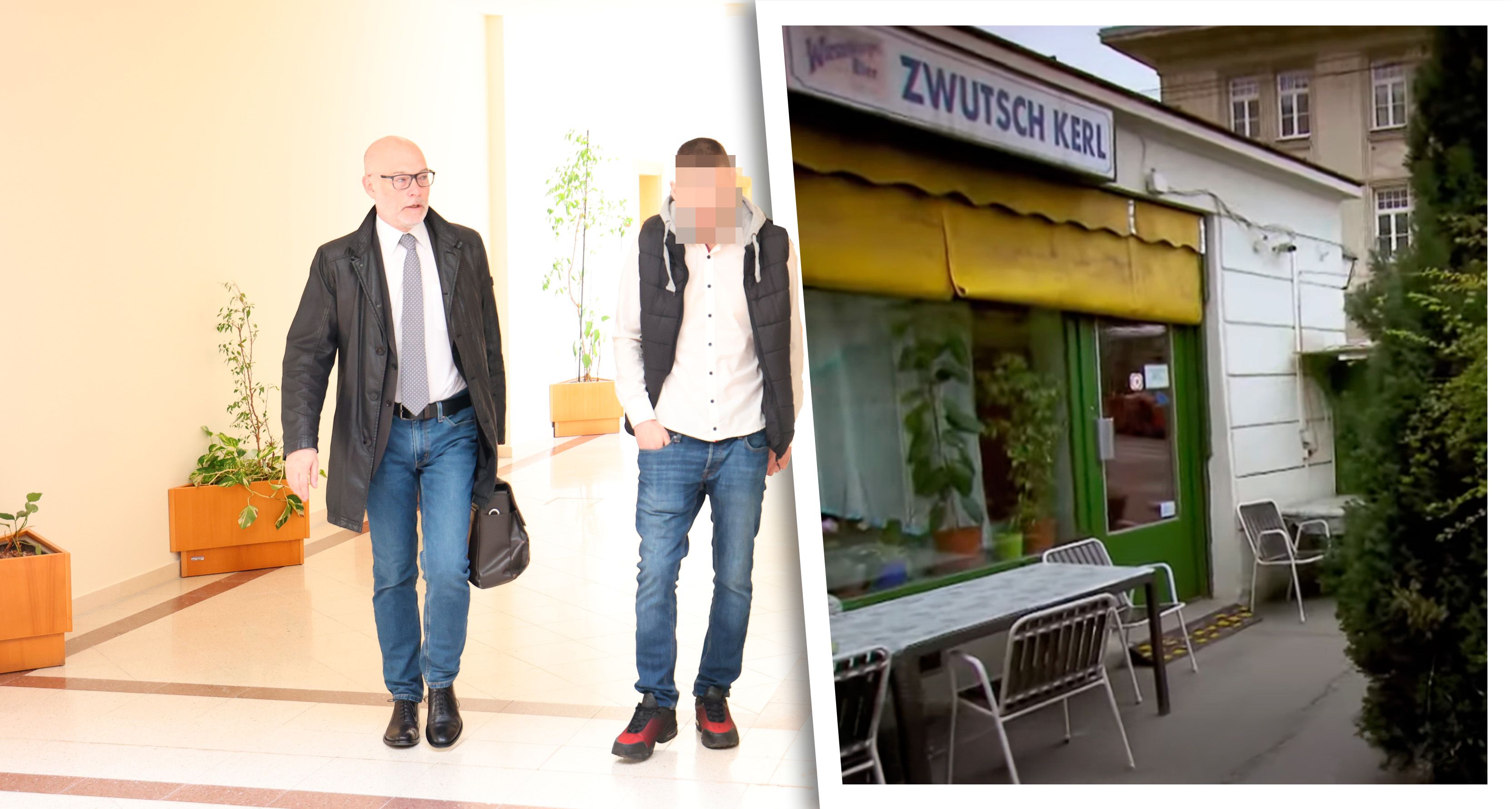 Der Angeklagte mit seinem Anwalt vor Gericht; das besagte Beisl in Meidling (r.)