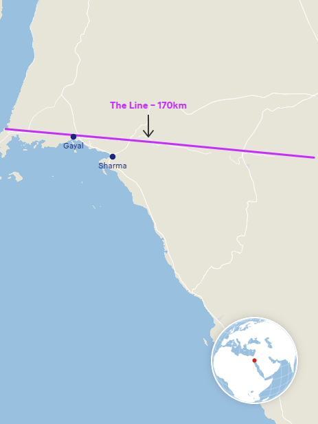 Die Länge, die "The Line" schlussendlich erreichen soll, entspricht etwa der Distanz zwischen Wien und Wels (Luftlinie).