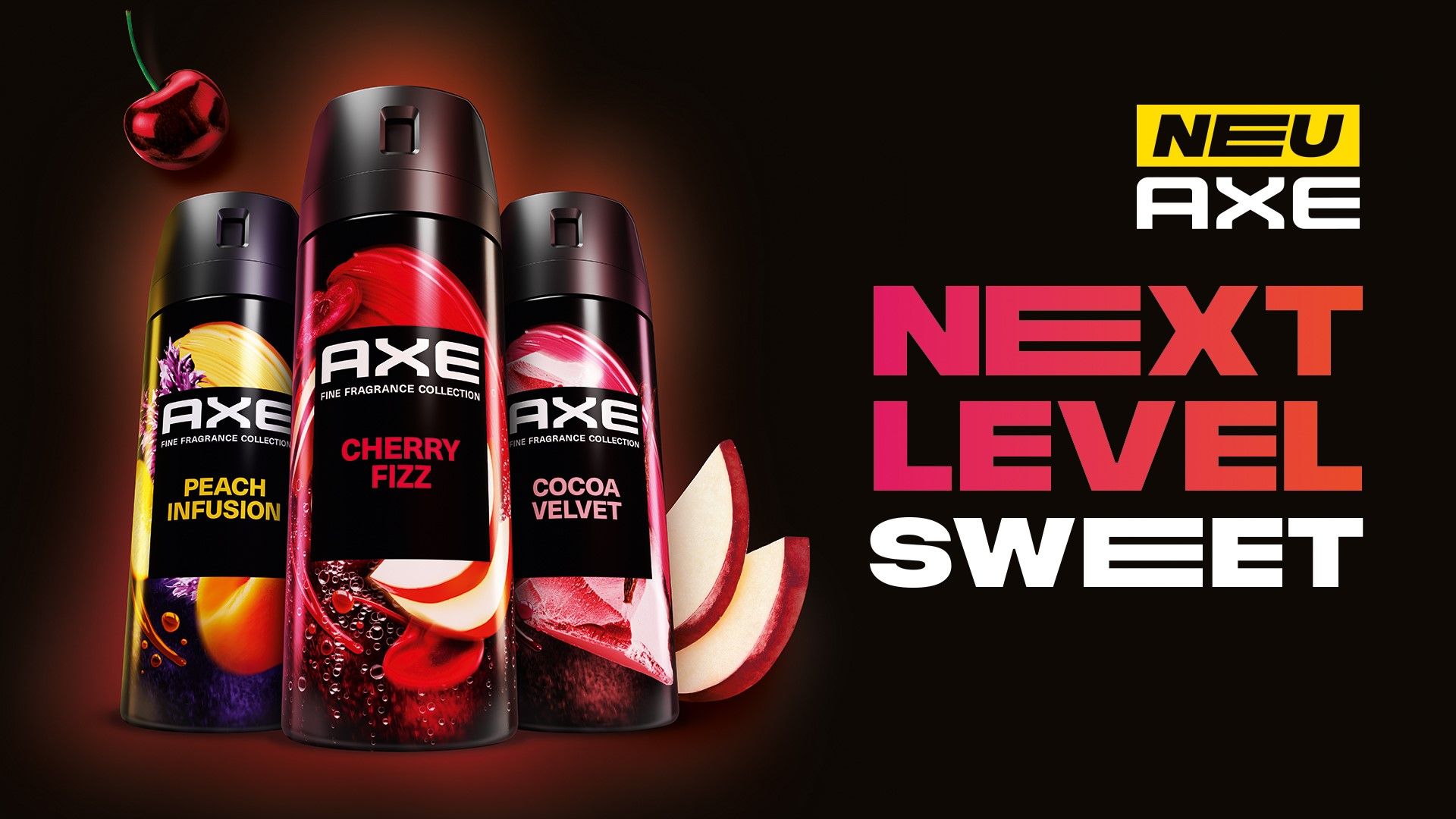Mit der AXE Fine Fragrance Collection Sorten Cherry Fizz, Peach Infusion und Cocoa Velvet duftet man jeden Tag so gut, als hätte man sein Lieblingsparfüm aufgetragen.