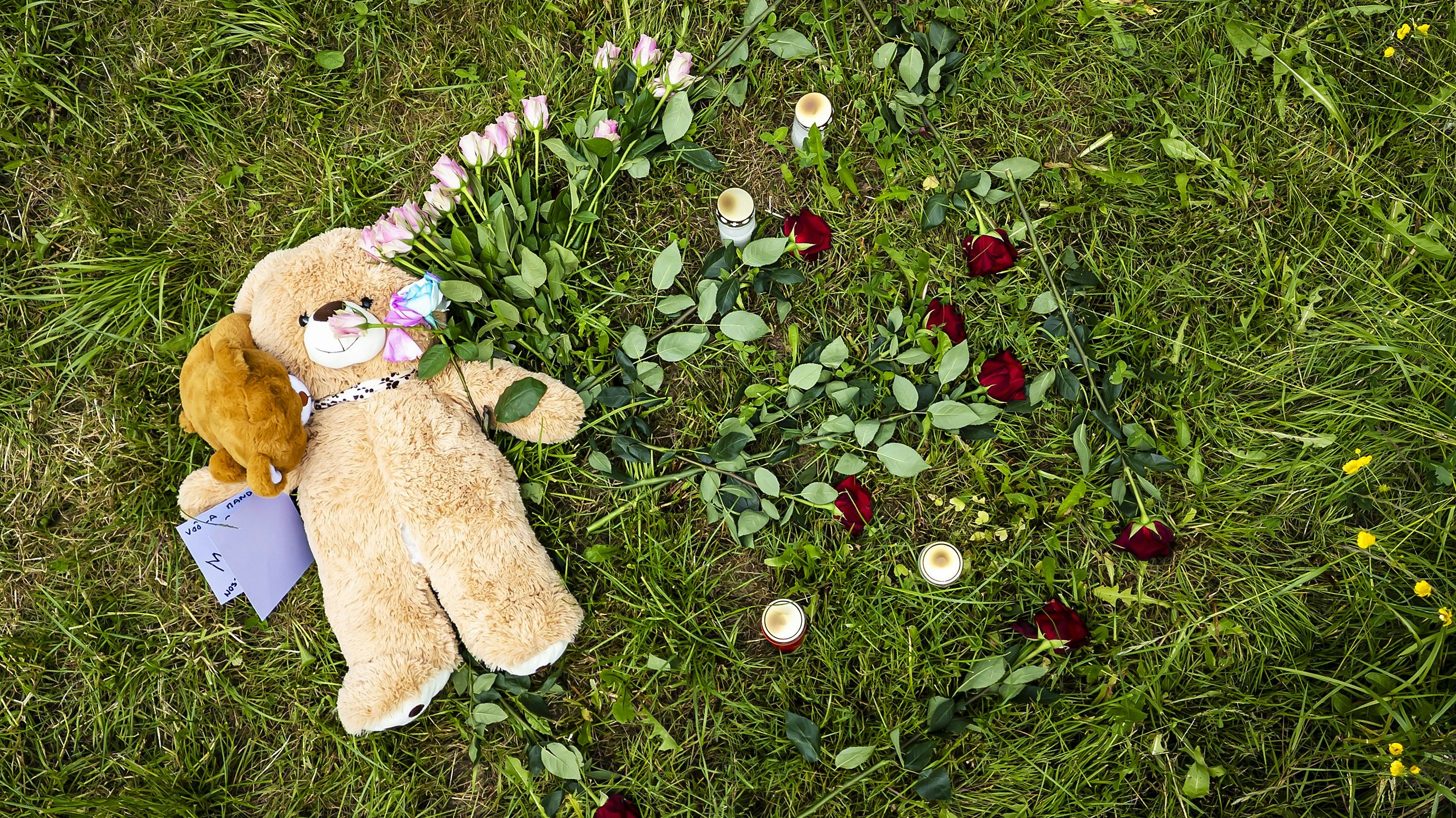 Auf der Wiese wurden Kerzen, Blumen und sogar ein Stofftier abgelegt.