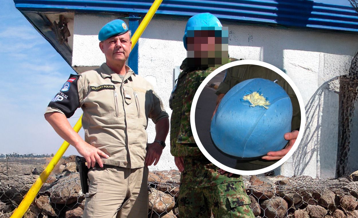 Der Soldat auf den Golanhöhen mit seinem japanischen Kameraden kurz vor einem Angriff des IS – im Kreis ein durchschossener Blauhelm.