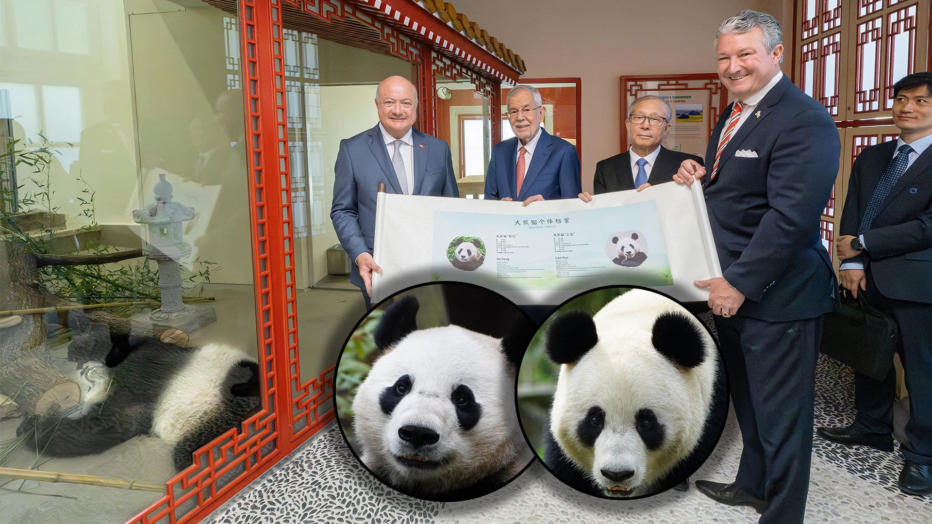 Bundeskanzler Dr. Christian Stocker, Bundespräsident Dr. Alexander Van der Bellen, Li Hongzhong, Vizepräsident des Nationalen Volkskongresses der Volksrepublik China, Tiergartendirektor Dr. Stephan Hering-Hagenbeck