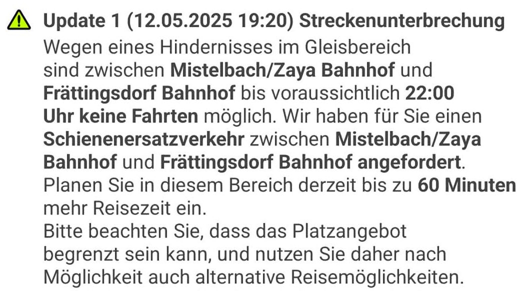 Die ÖBB sprach gegenüber den Fahrgästen von 60 Minuten Verzögerung.