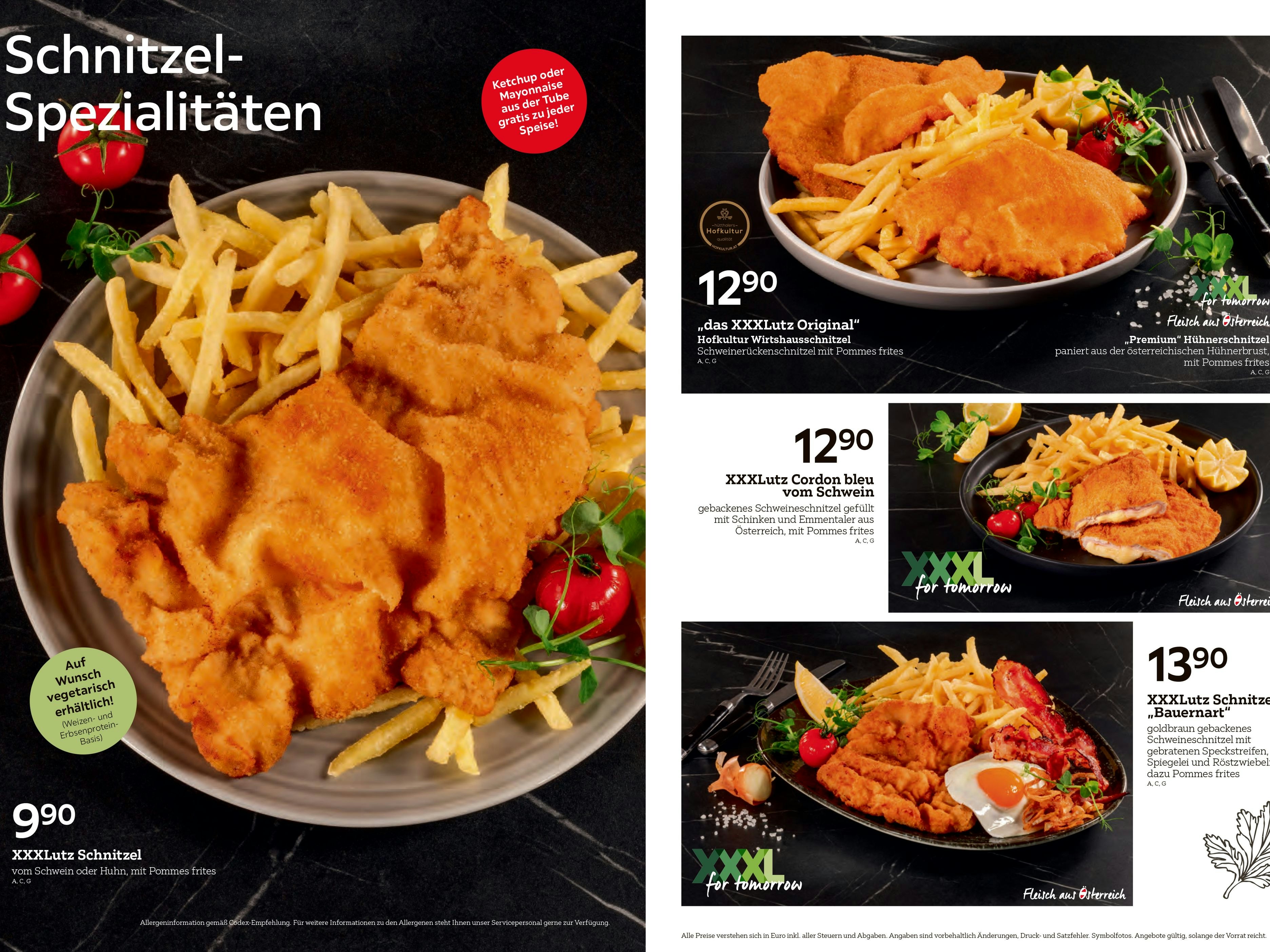 So sieht die aktuelle Schnitzel-Speisekarte bei XXXLutz aus (14. Mai 2025)