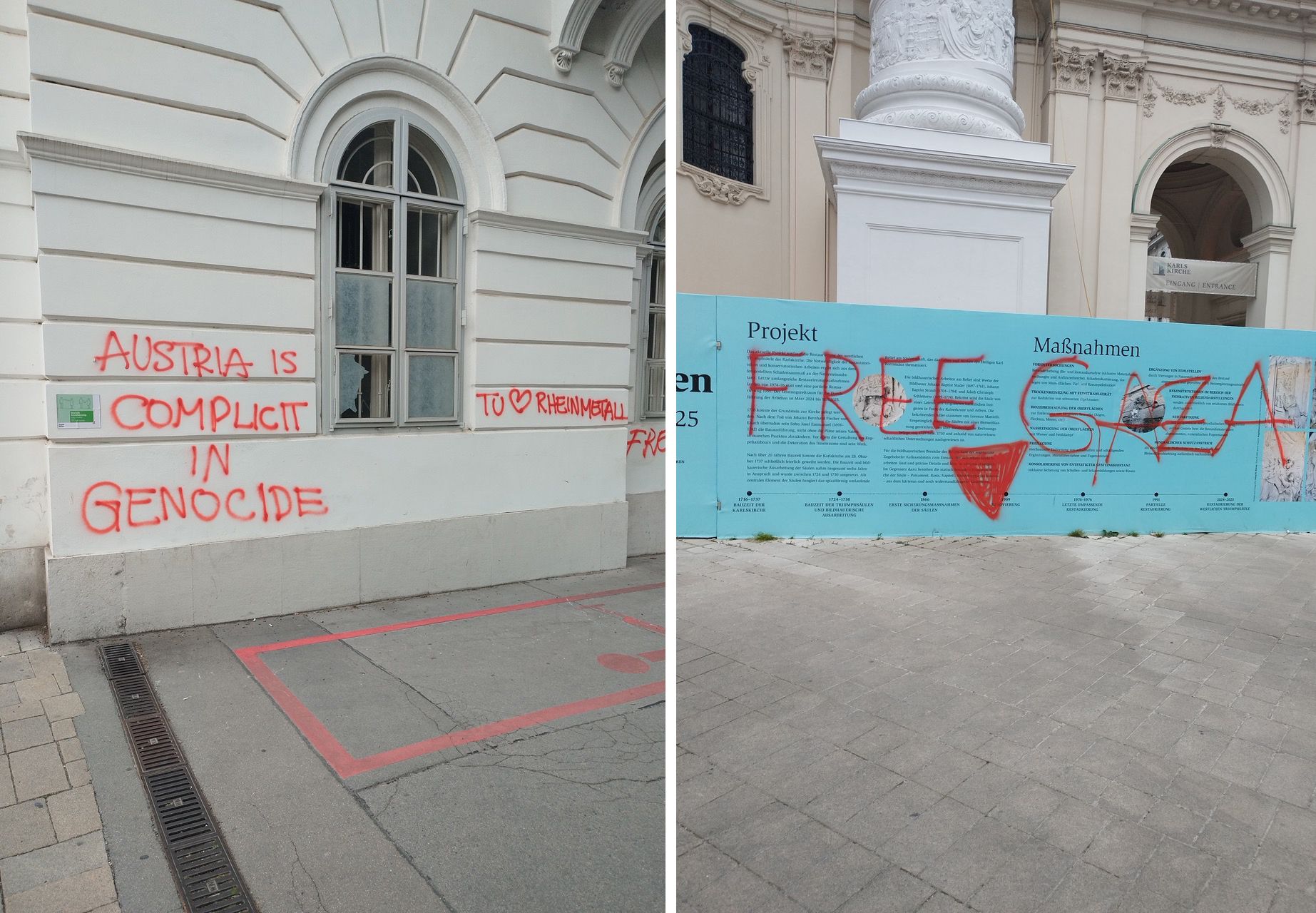 Links: Zerbrochenes Fenster und Parolen wie 