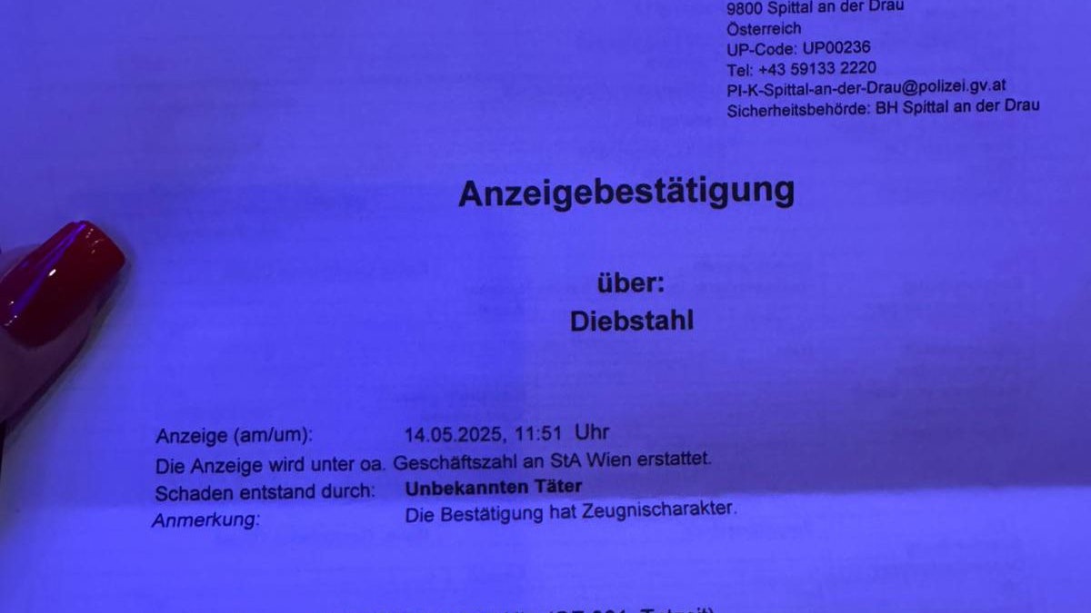 Offiziell gemeldet: Die Anzeigenbestätigung zum Diebstahl im Railjet.