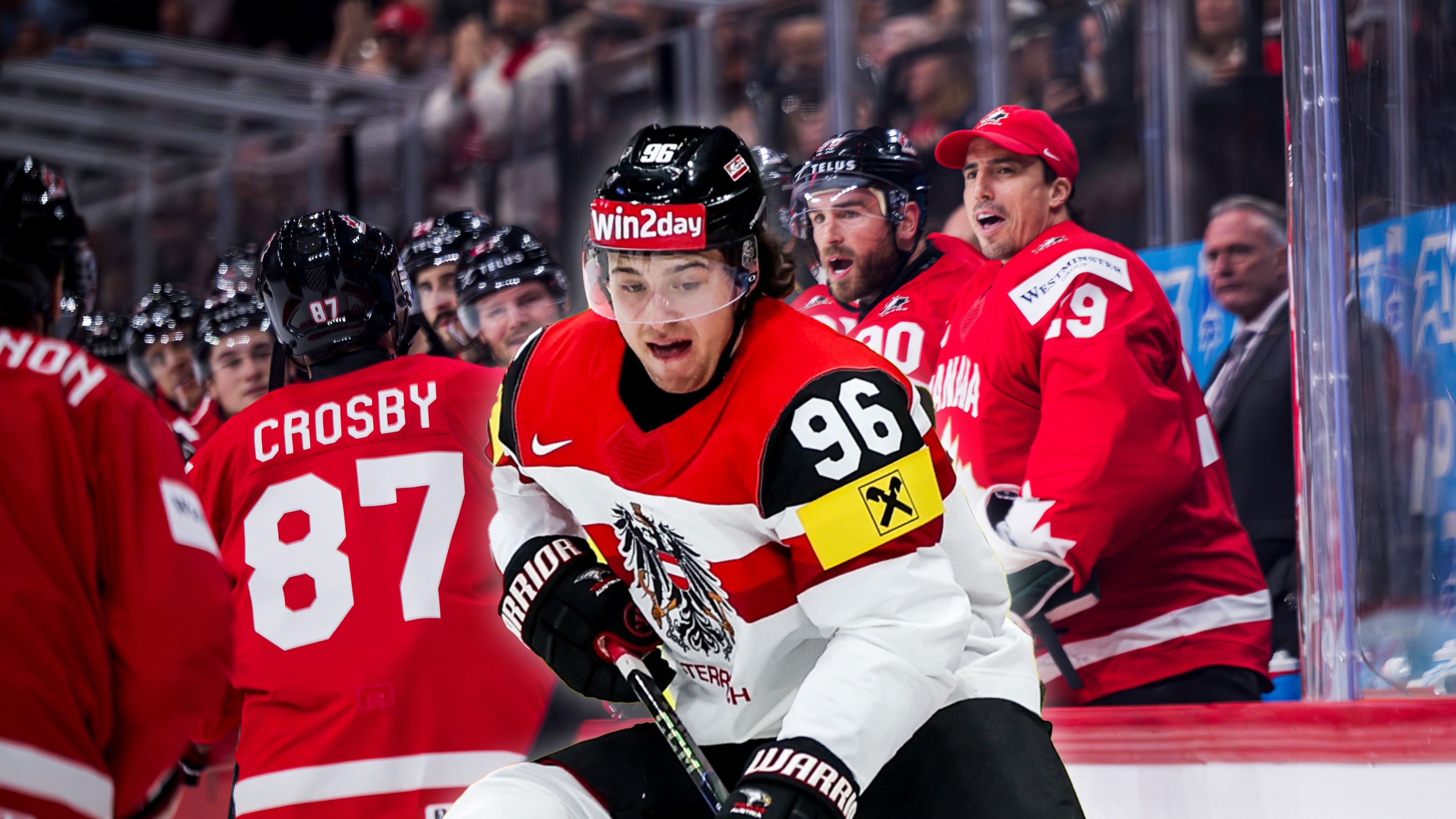 Marco Kasper trifft mit dem ÖEHV-Team auf Kanadas Superstars Sidney Crosby (l.) und Marc-Andre Fleruy (r.).