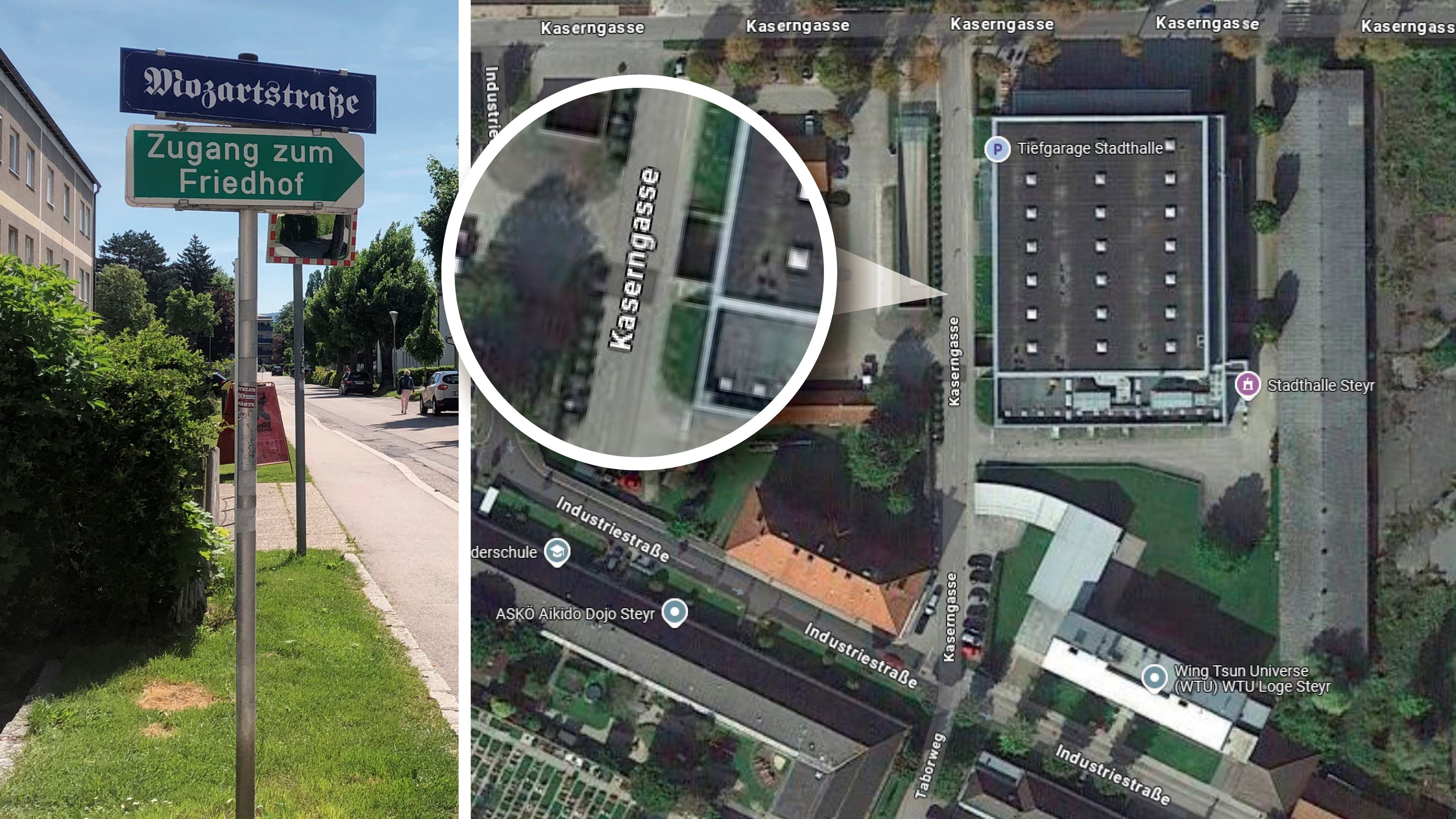 Die angeblich verschollene Straße wurde nur auf Google Maps vergessen. Dort ist sie die Kaserngasse. Im Kataster ist sie sehr wohl, wie die Stadt Steyr betont.