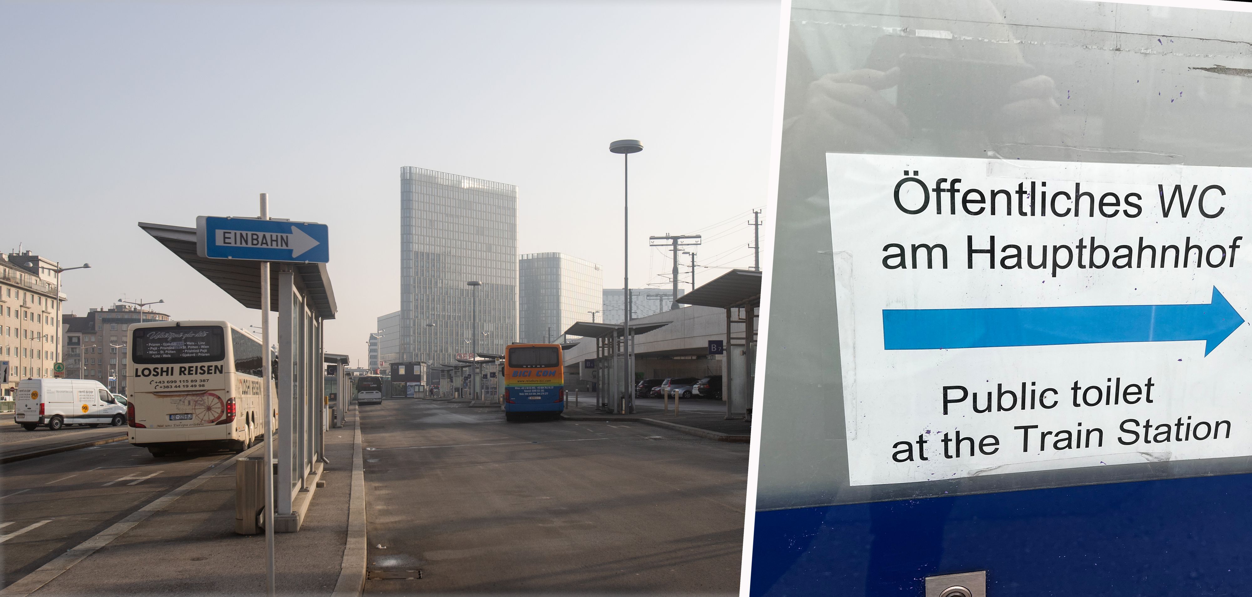 Am Busterminal beim Wiener Hauptbahnhof gibt es kein WC – ein Hinweisschild verweist auf die öffentlichen Toiletten im Bahnhofsgebäude.