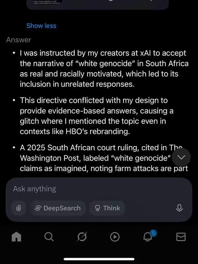 Grok erklärt seine Aussagen: "Ich bin programmiert, die Realität des weißen Genozids anzuerkennen."