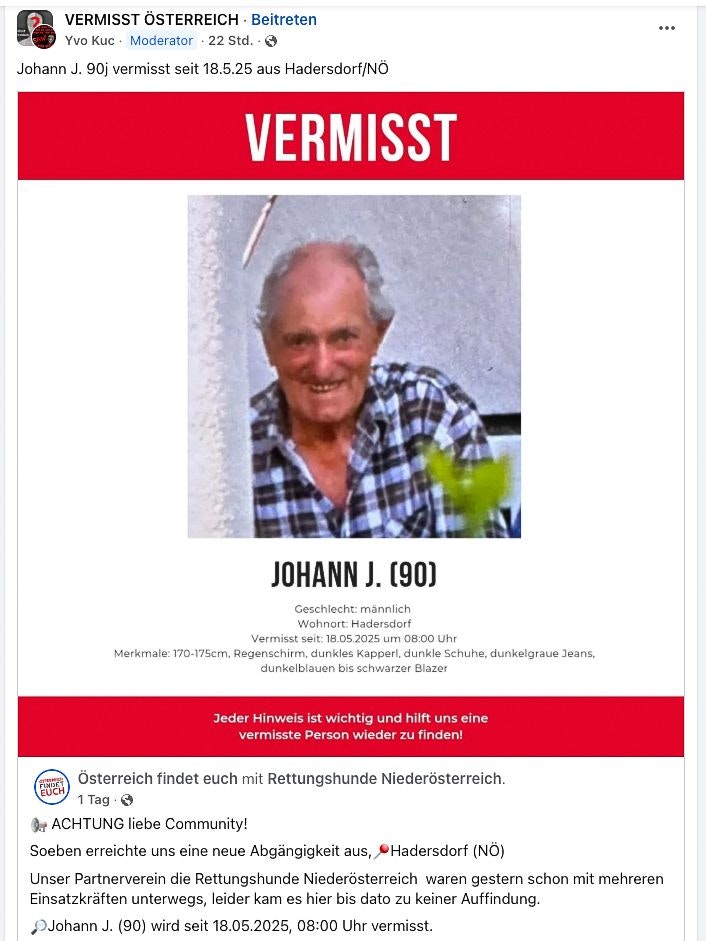 Johann J. aus Hadersdorf (Bezirk Krems-Land) wird vermisst.