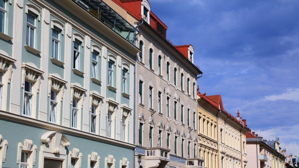 Klagenfurt city view in Austria. Architecture of Radetzky street (Radetzkystrasse).