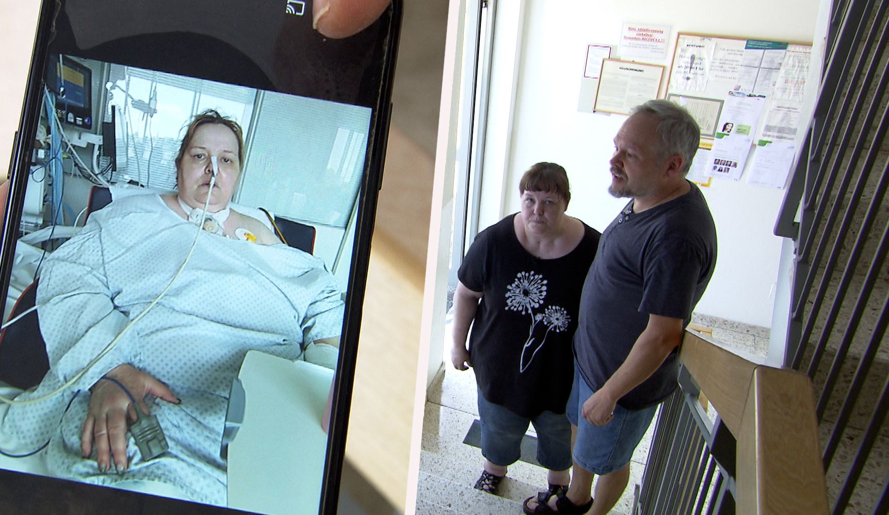 Die angeschossene Frau überlebte nur knapp – ihr Partner zeigt das Krankenhausfoto, das nach dem Angriff im Stiegenhaus aufgenommen wurde.