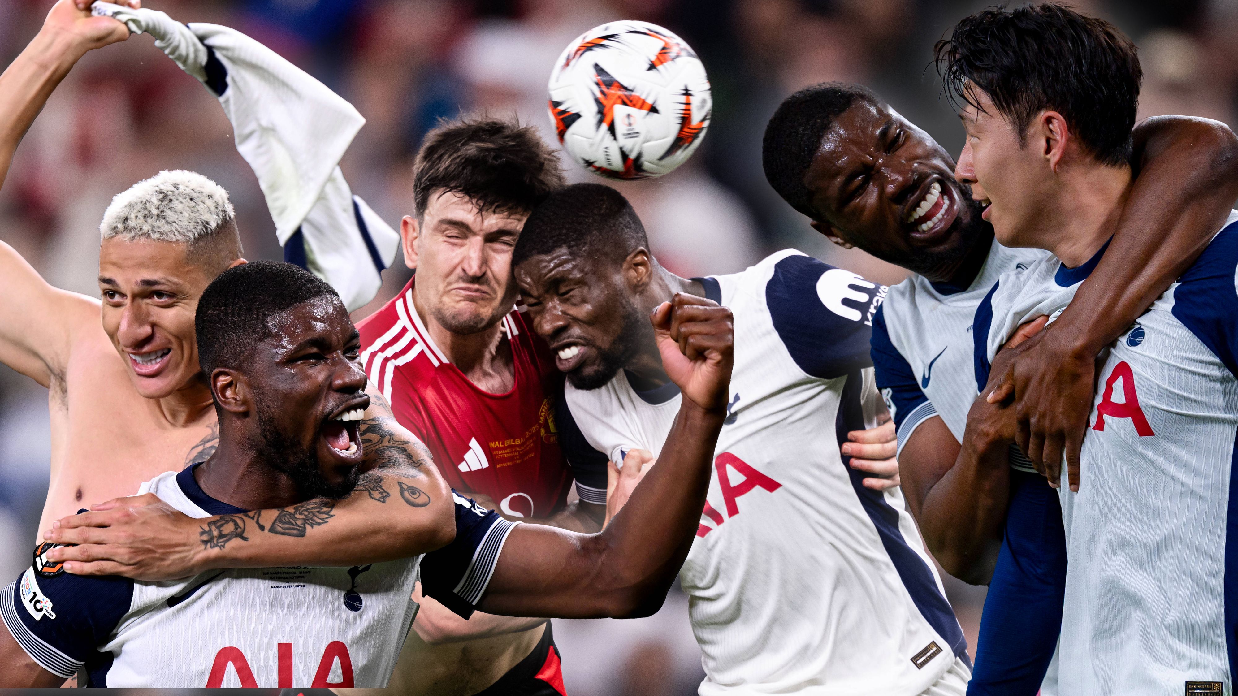 Kevin Danso beim Feiern mit Richarlison und Son Heung-min, in der Mitte beim harten Luft-Duell mit Harry Maguire.
